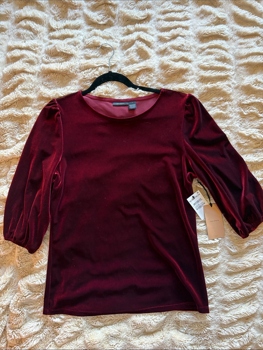 Halogen Velvet Puff Sleeve Long Sleeve Top - Burgundy